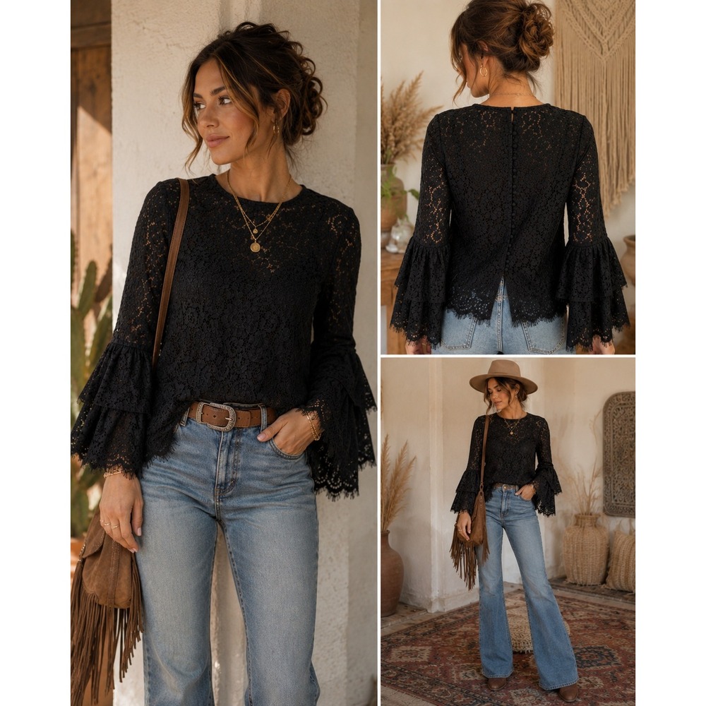 Few Moda Black Floral Lace Top Ruffle Bell Sleeve Small Boho Coquette Romantic